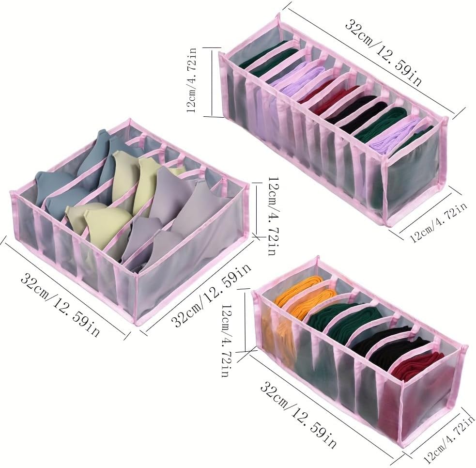 3 Pack Drawer Organizer Bins, Foldable Mesh Underwear Storage Dividers, Separate Grid Organizer for Bra Socks Lingerie Panties Closet Drawer Storage