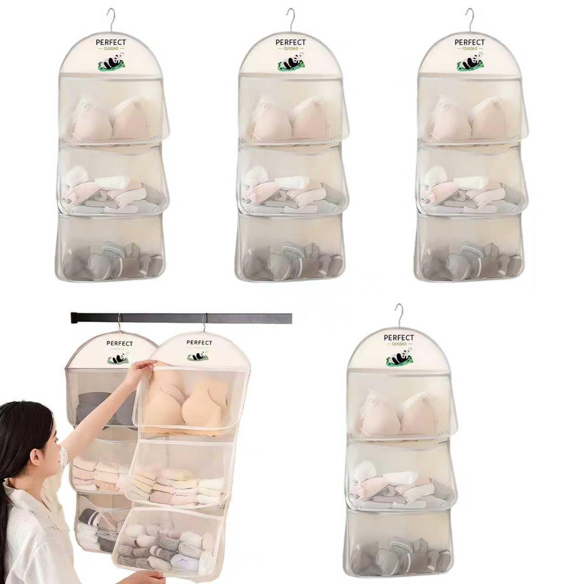 MIUPOO Multi Purpose Multi Layer Mesh Storage Hanging Bag,Hanging Storage with Metal Hanger Mesh Pockets for Bra Underwear Socks,Pockets Hang Store Bag for Door Wall Closet