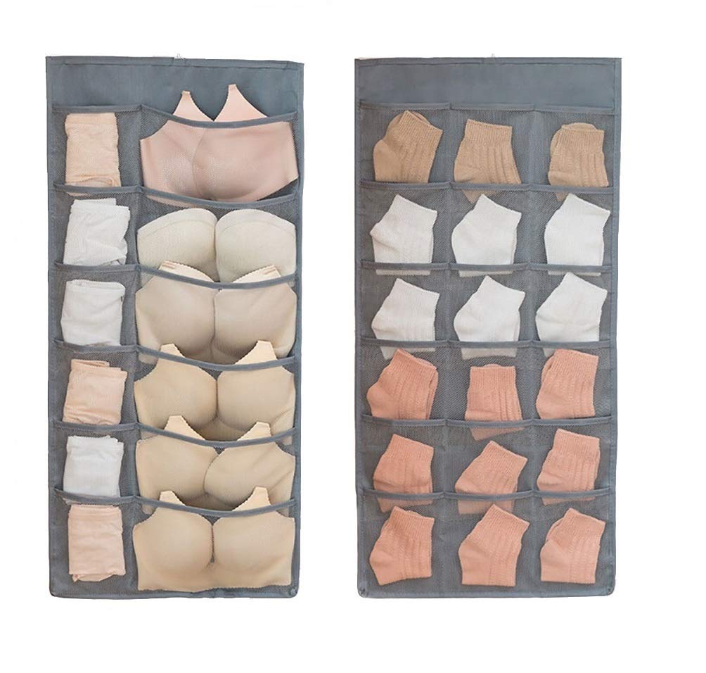 Closet Hanging Organizer with Mesh Pockets & Rotating Metal Hanger,Dual Sided Wall Shelf Wardrobe Storage Bags,Oxford Cloth Space Saver Bag for Bra Underwear Underpants Socks (white)