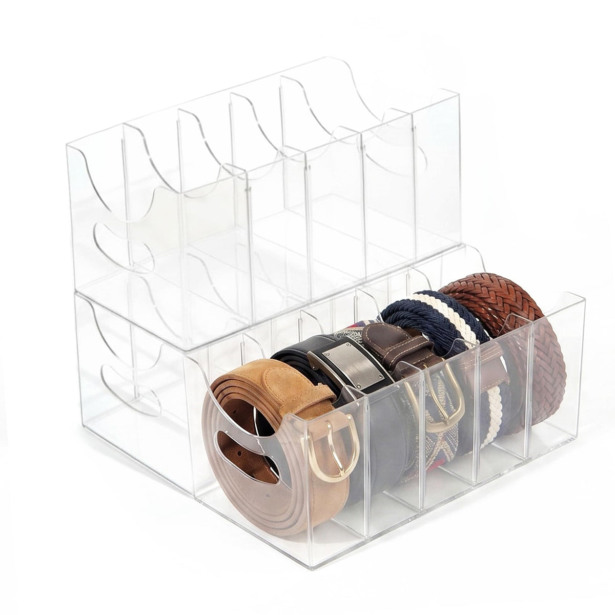 Belt Organizer,Acrylic Belt Organizer for Closet with Removable Dividers 5 Compartments & Handles Drawer organization and storage for Purse,underwear, Socks,and Ties (2pack)