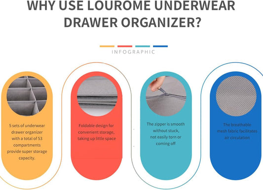 Lourome Underwear Drawer Organizer, 5-Pack, for Socks, Bras, Tie, Grey