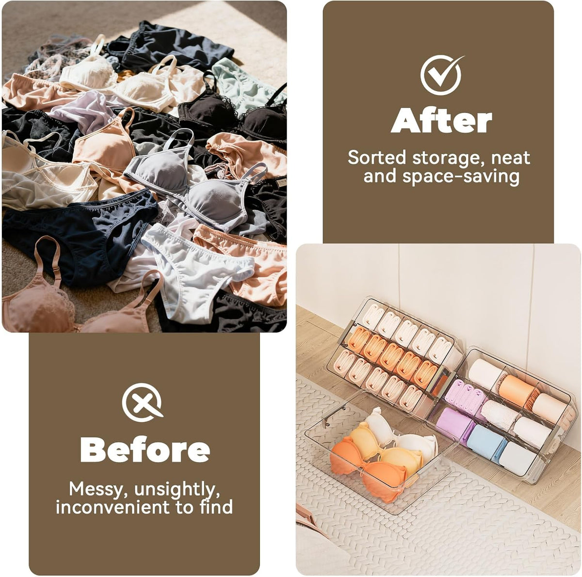 Socks Bra Underwear Drawer Organizer for Closet, 2 PCS Plastic Storage Box with 15 Removable Compartments and Lid, Clear Dresser Drawer Organizer Storage Container with Dividers for Sock Ties Belts