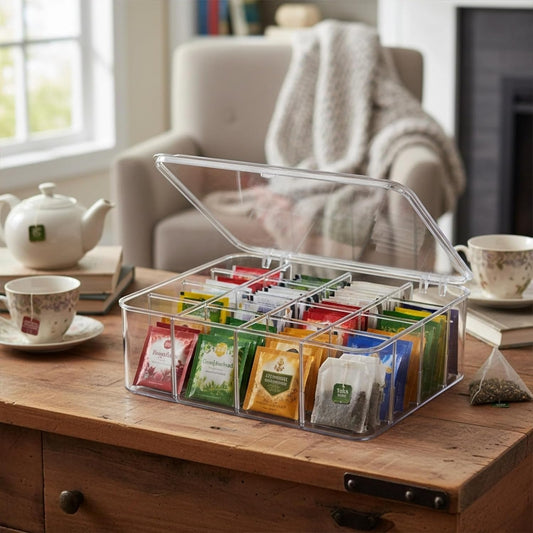 Adjustable Sock Underwear Drawer Organizer Dividers, 16 Grid Clear Tea Bag Holder with Lid, Removable Divided Tie Organizer Box, Plastic Storage Bin for Scarves Bras