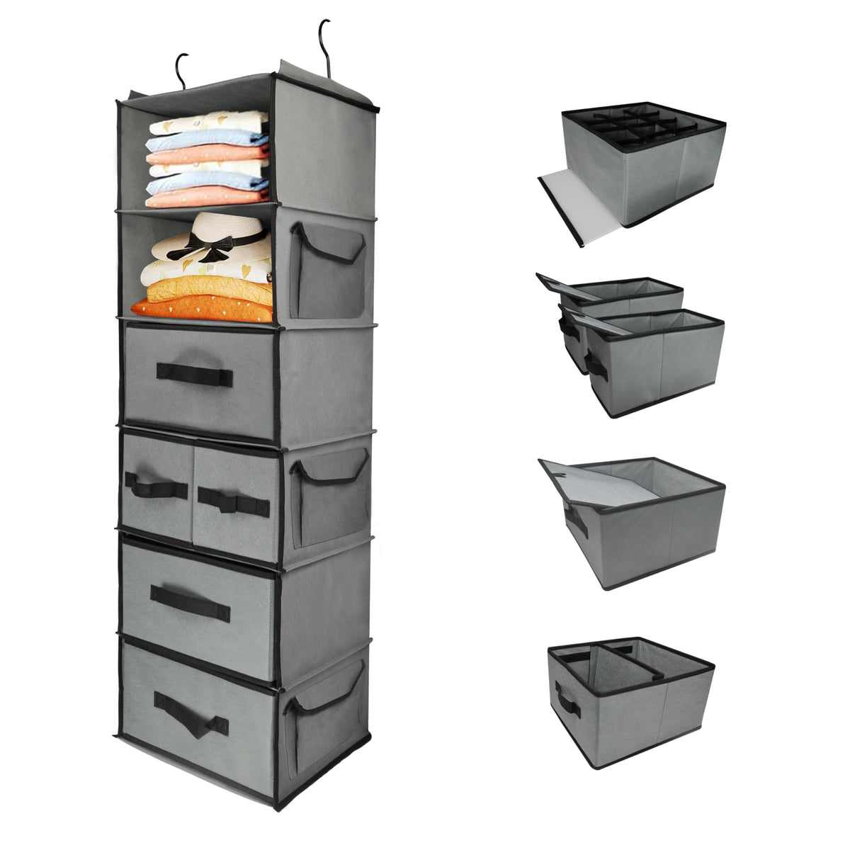 Durable 6-Tier hanging closet organizer with 5 Drawers & 3 Side Pocket,Thickened Fabric Hanging Shelves Holder with Sturdy Hook,Space-saving Storage Organization for Bedroom,Dorm,Guestroom,RV,Bathroom