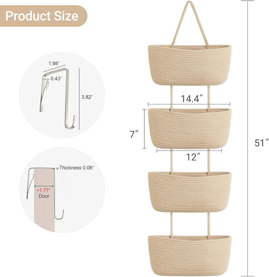 Dahey Over The Door Hanging Basket Storage 4-Tier Woven Wall Basket, Jute