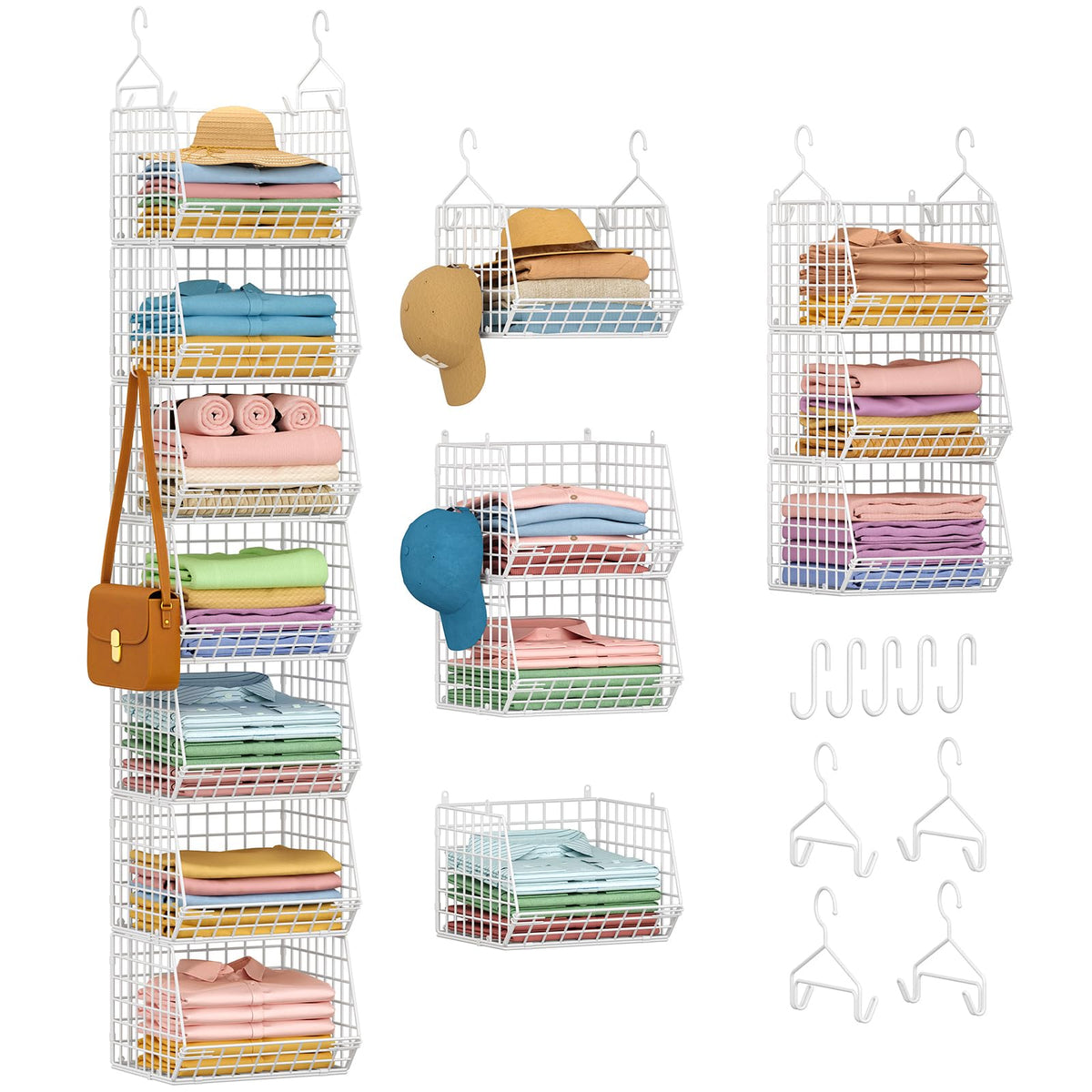 X-cosrack 3-Tier Hanging Closet Organizer, Laundry Room Organization | Space Saving Shelves with 1.65" Hook & 5 S-Hooks | Hanging Wire Baskets (12.4" W x 8.8" H x 10.24-11.8" D)