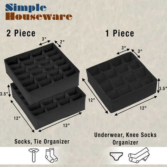 Simple Houseware Sock Drawer Organizer, 3 Pack, Black