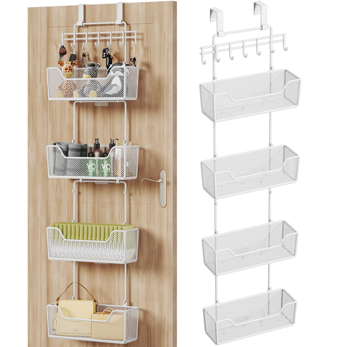 HapiRm Over The Door Organizer - Hanging Door Organizer with 4 Metal Large Capacity Baskets and Adjustable Coat Hook for Bathroom Bedroom Kitchen Pantry Closet Cabinet