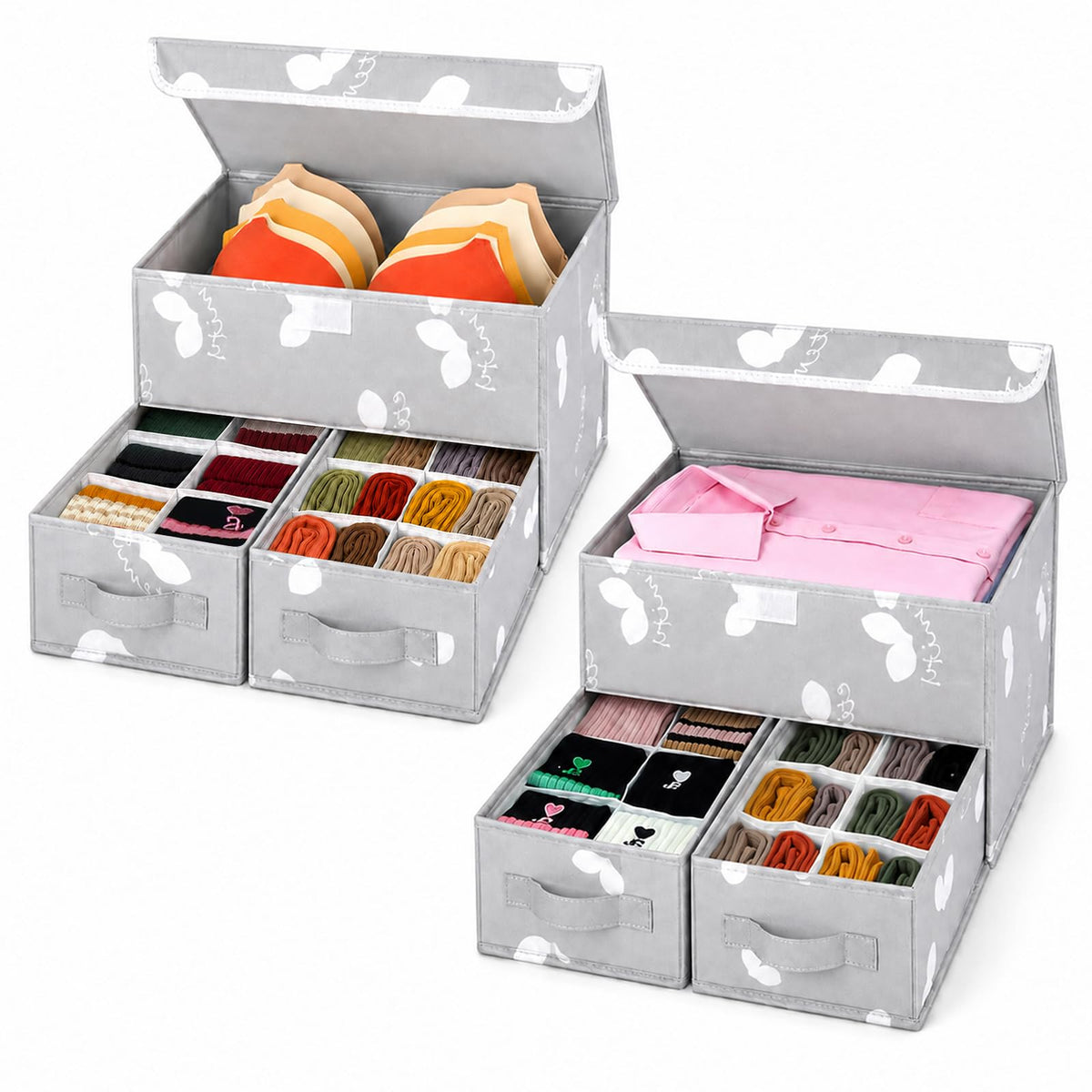 EASEVE Sock Underwear Drawer Divider - Closet Organizers and Dresser Organizer Wardrobe Clothes Box Storage Bins with Lid for Bra, Leggings, Shirt, Panty (1 Pack, Grey)