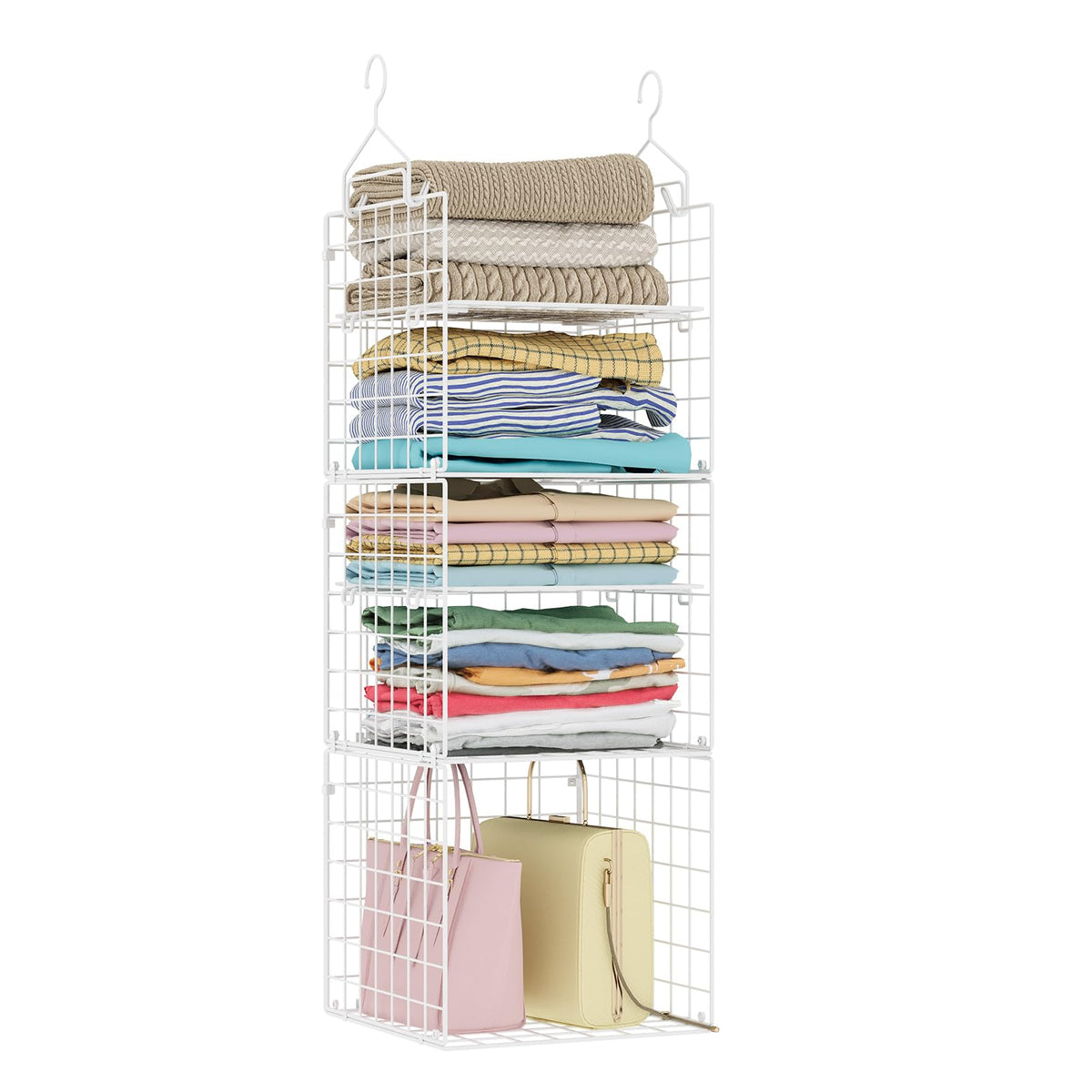 X-cosrack Closet Hanging Organizer and Storage - 5 Tier Hanging Shelves, Wire Closet Shelf Organizer Basket with Adjustable Dividers for Home Clothing Sweaters Shoes Handbags