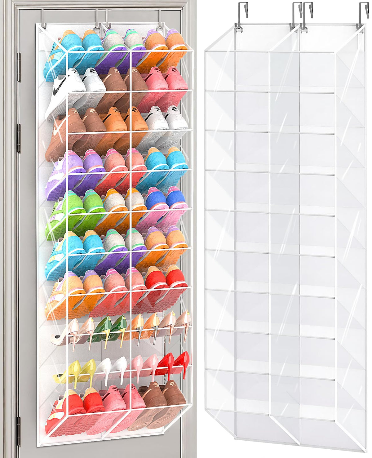 UVIAHOMI 20-30 Pairs Over the Door Shoe Organizer, Clear Pockets Hanging Shoe Storage for Closet, 10-Tier Door Shoes Rack, Handing Shoes Holder Fit All the Family's Sneakers, Boots, Heels, Black
