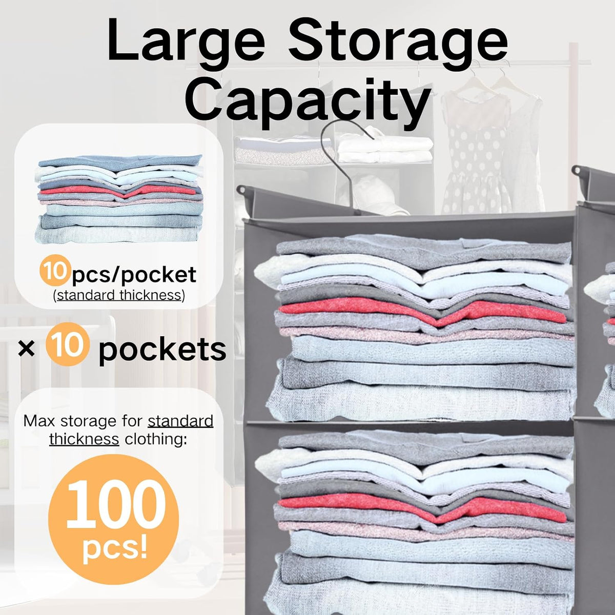 5 Tier Hanging Closet Organizer, Dual Row Wardrobe Storage with Hooks, Grey