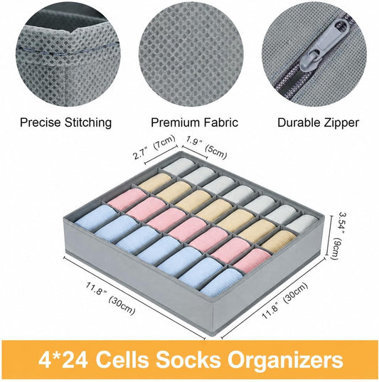 Sock Organizer 4 Pack, 24 Cell Underwear Organizer Foldable Underwear Storage, Sock and Underwear Drawer Organizer for Socks Ties Underwear Belts. (Grey)