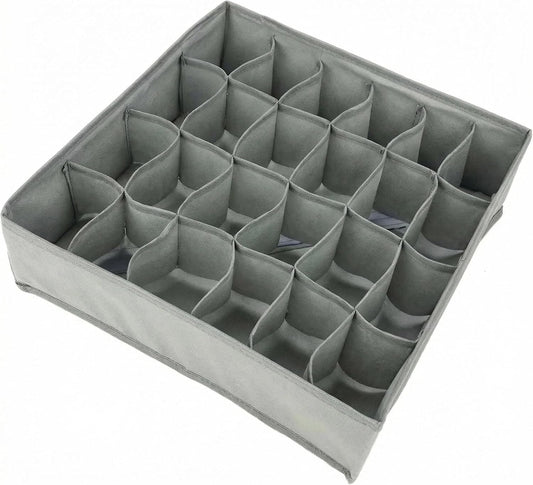Foldable Sock Organizer, 24-Cell Drawer Divider & Closet Storage Box with Zipper, Strong Fabric for Underwear, Bras, Accessories, Wardrobe & Travel (Grey)