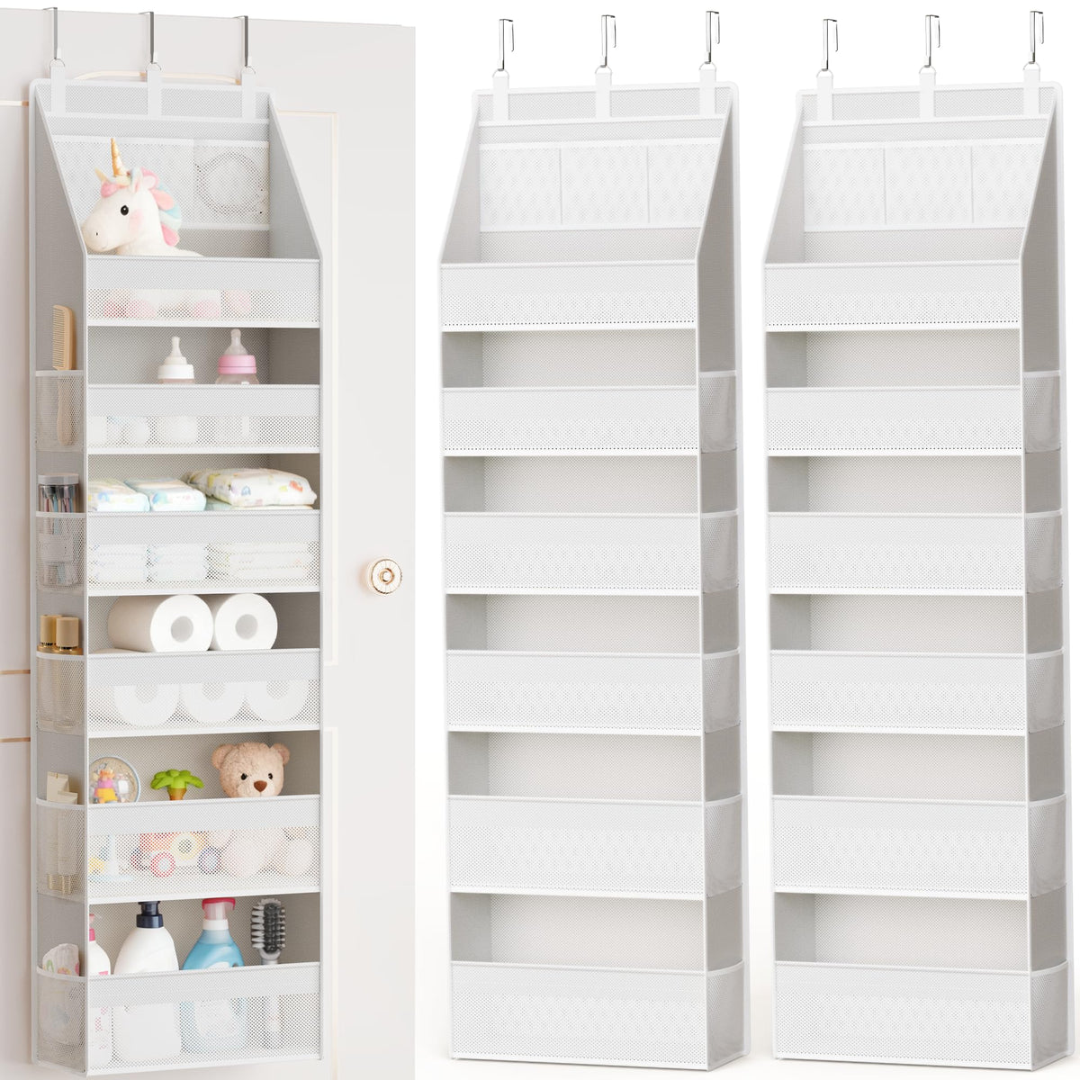 Criusia Over the Door Organizer, 6-Shelf Closet Hanging Storage with 13 Mesh Pockets, 55lbs Capacity Behind the Door Storage for Baby Nursery, Bathroom, Bedroom, and Dorm, Beige