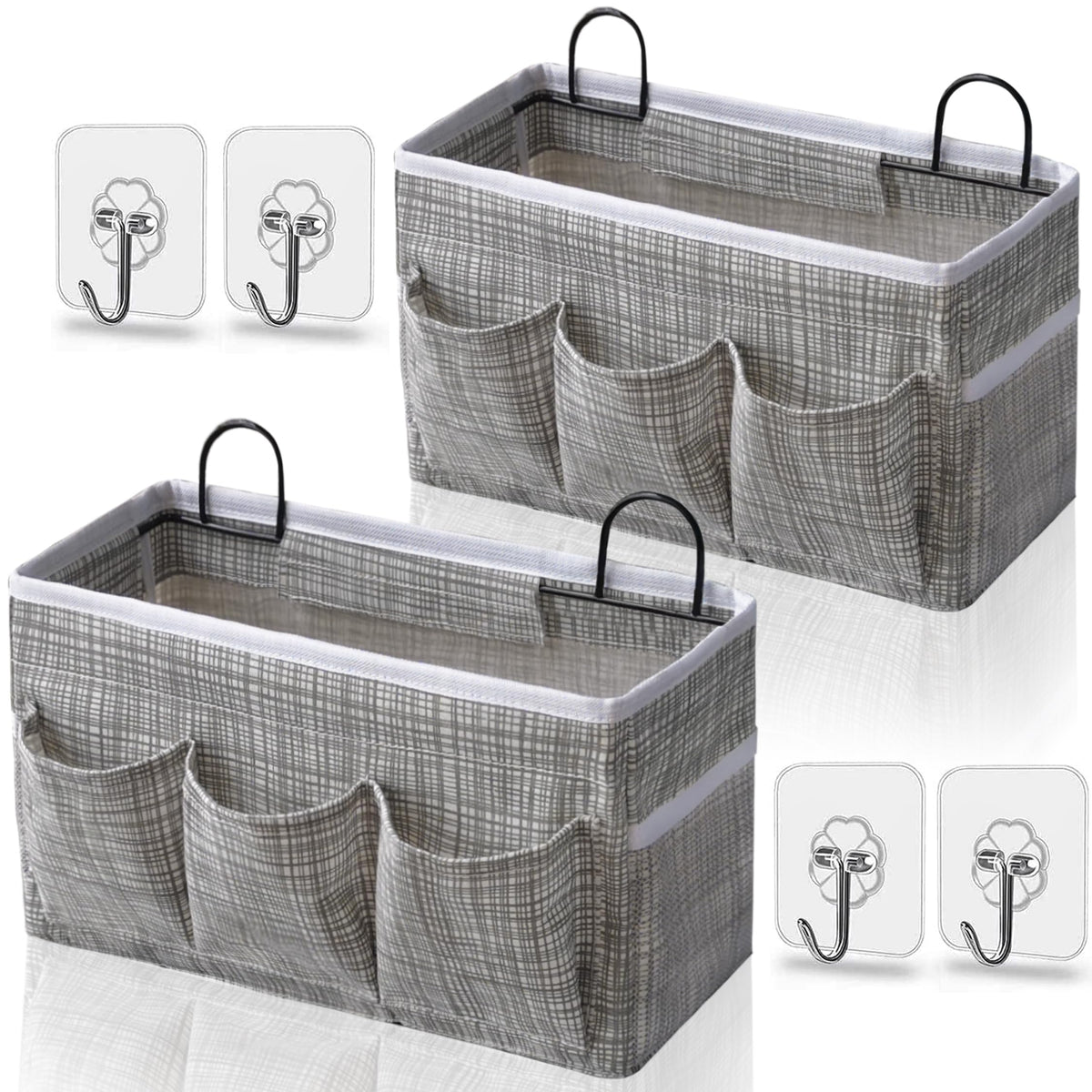 Kanrichu Wall Hanging Organizer Bag, 2-Pack Linen Storage Baskets with Pockets, WallHanging Storage Basket for Bedroom, Kitchen, Office, RV Camper (Gray)