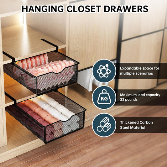 2 Pack Underwear Sock Drawer Organizer Set, Pull-Out Storage Baskets for Bra & Clothing, Closet & Dorm Room Organization Essentials(Black)
