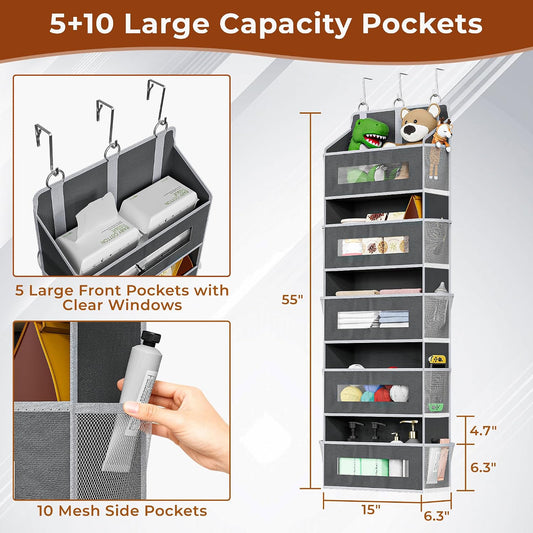 2 Pack 5 Tier Over the Door Organizer for Bathroom, Bedroom, Pantry, Grey