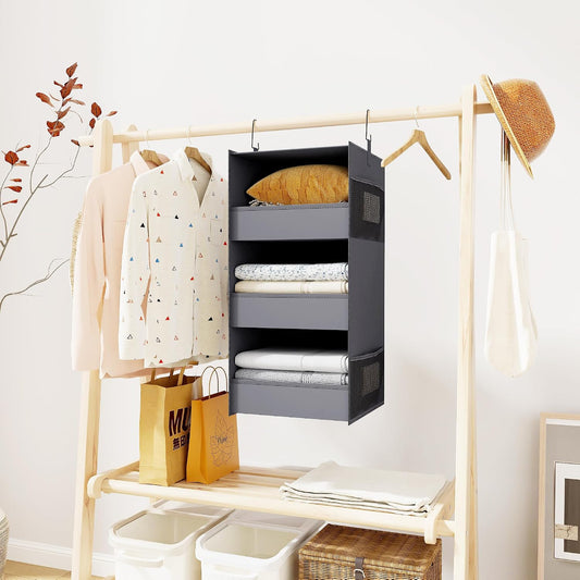 3-Shelf Hanging Closet Organizer, Washable Foldable Storage, Dark Gray
