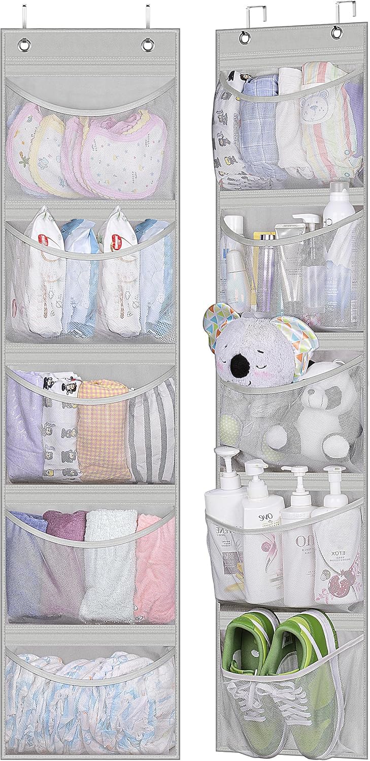 KEETDY Hanging Shelves Over the Door Organizer Storage for Closet with 5 Pockets Organizer for Bedroom Bathroom, 2 Pack(Grey)