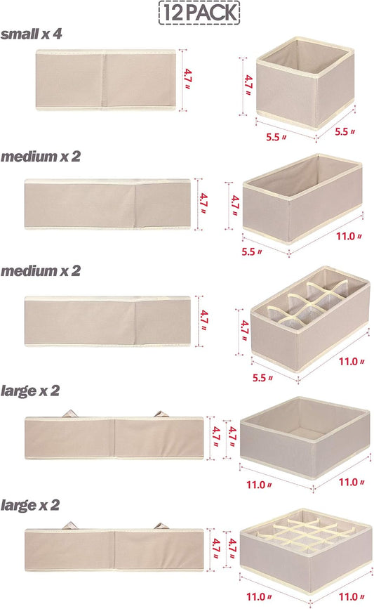 TENABORT 12 Pack Foldable Drawer Organizer Dividers Cloth Storage Box Closet Dresser Organizer Cube Fabric Containers Basket Bins for Underwear Bras Socks Panties Lingeries Nursery Baby Clothes Beige