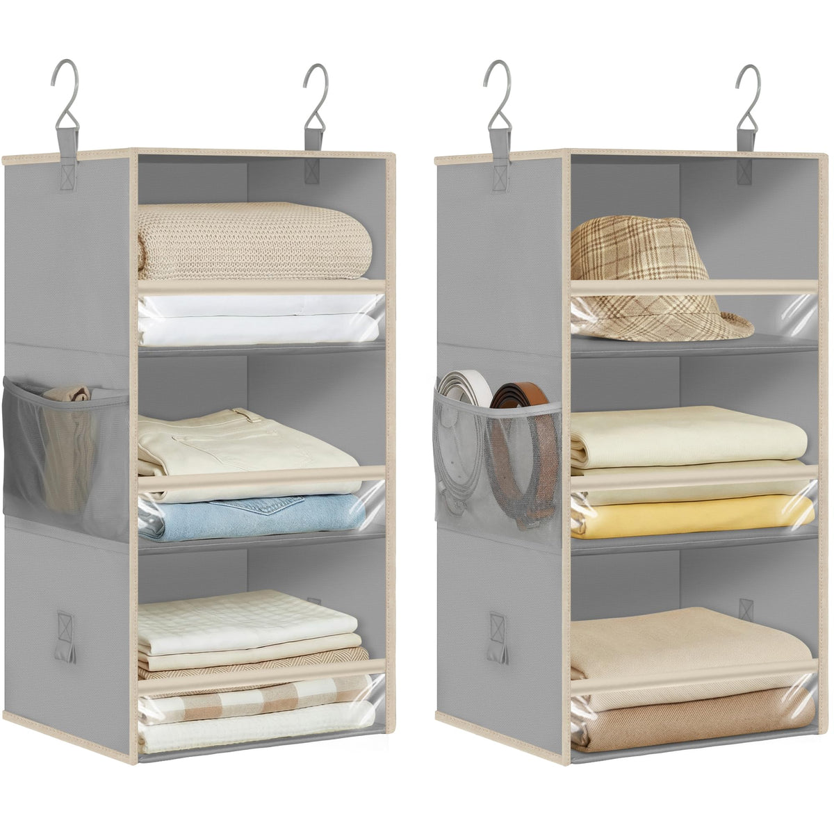 STORAGE MANIAC 6-Shelf Hanging Closet Organizer and Storage, 2 Separable 3-Shelf Haning Organizers for Closet, Collapsible Hanging Shelves Wardrobe Organization, College Dorm Room, Nursery, Beige