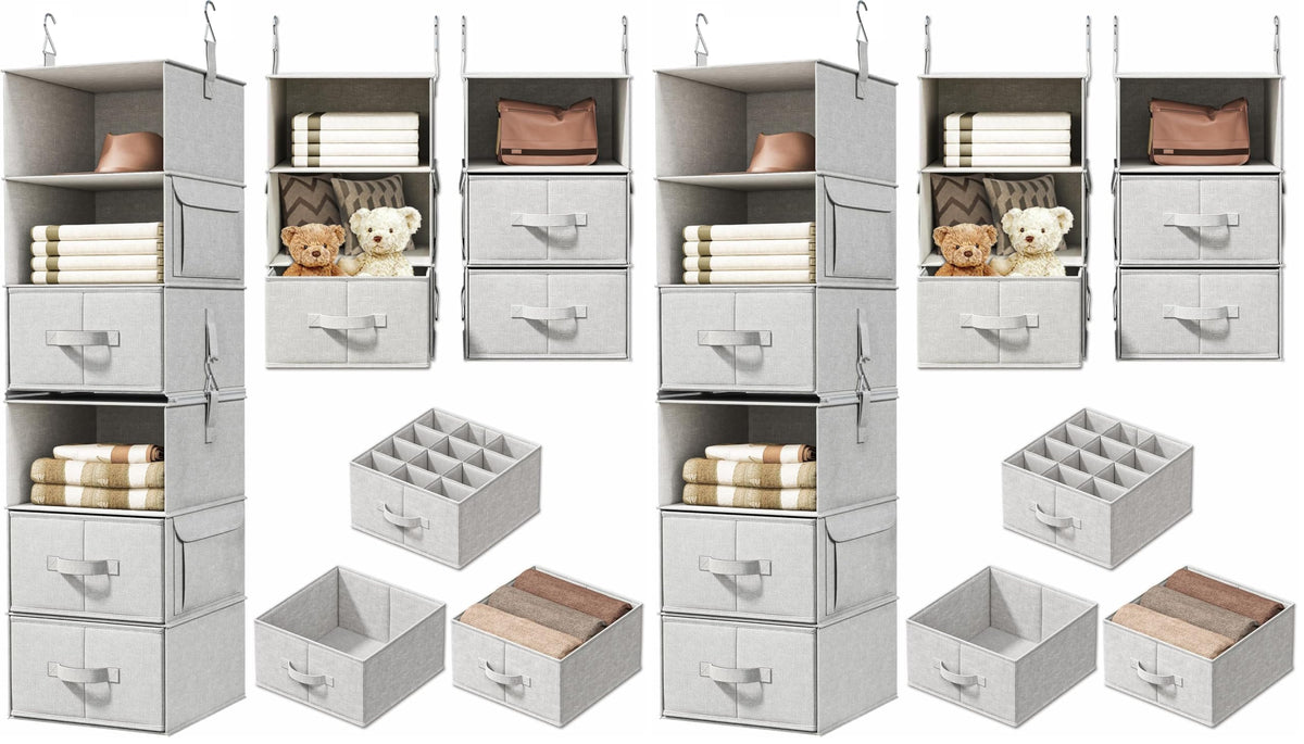 6-Shelf Hanging Closet Organizer with 3 Drawers, Separable, Silver Gray