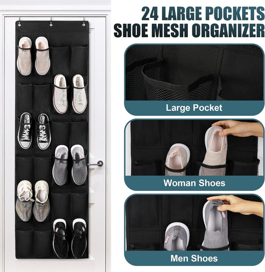 24 Large Pockets Upgraded Over the Door Shoe Organizer, Enhanced Hanging Solution Holder Closets, Shoe Cabinets for Everyone