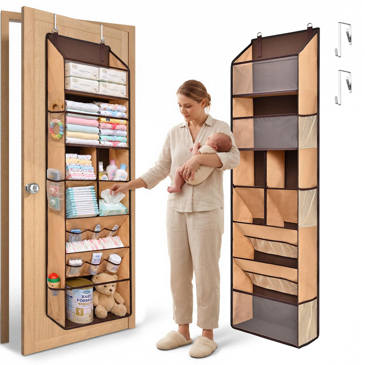 5 Tiers Over the Door Organizer with 10 Mesh Side Pockets, 44 lbs Weight Capacity Closet Hanging Storage Organizer with Large Clear Window Kids Toys, Shoes, Diapers, Beige