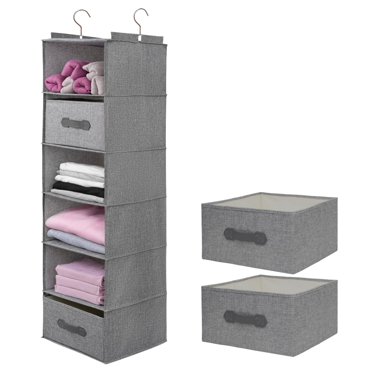 Large Hanging Sweater Organizer for Closet,Collapsible 6-Shelf Hanging Closet Shelves with Drawers, Washable (Grey-6 Shelf)