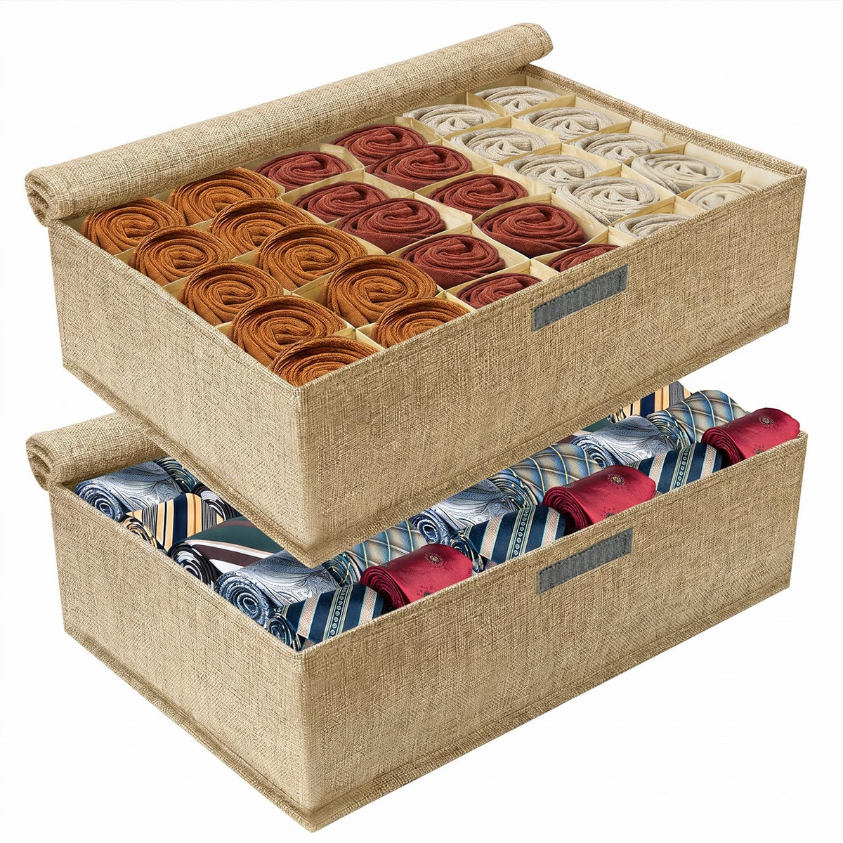 PINGMIC 2-Pack Sock & Tie Organizer with Lid, 30-Cell Foldable Storage Box