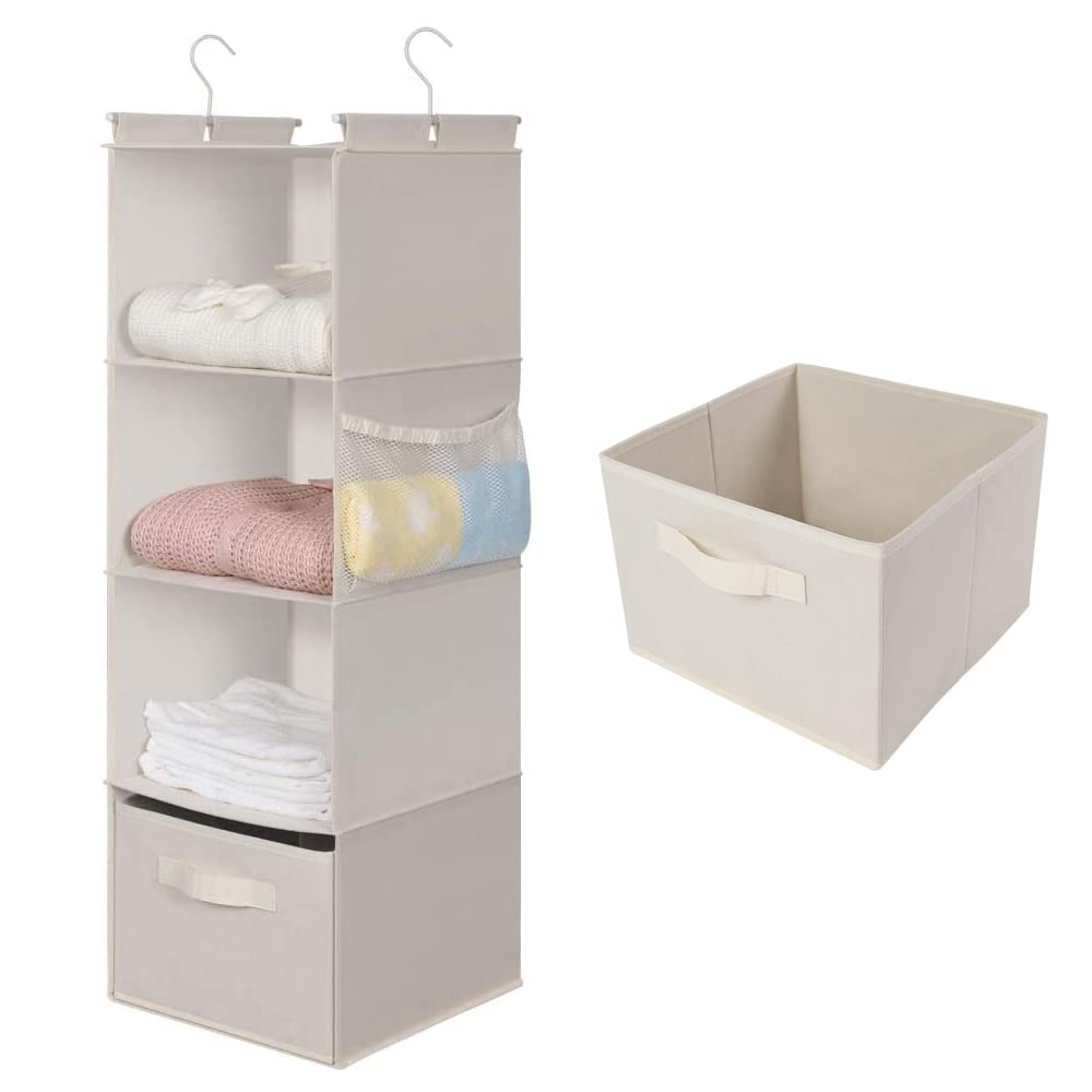 MAX Houser 5 Tier Shelf Hanging Closet Organizer, Cloth Hanging Shelf with 2 Sturdy Hooks for Storage, Foldable (Beige-D2)