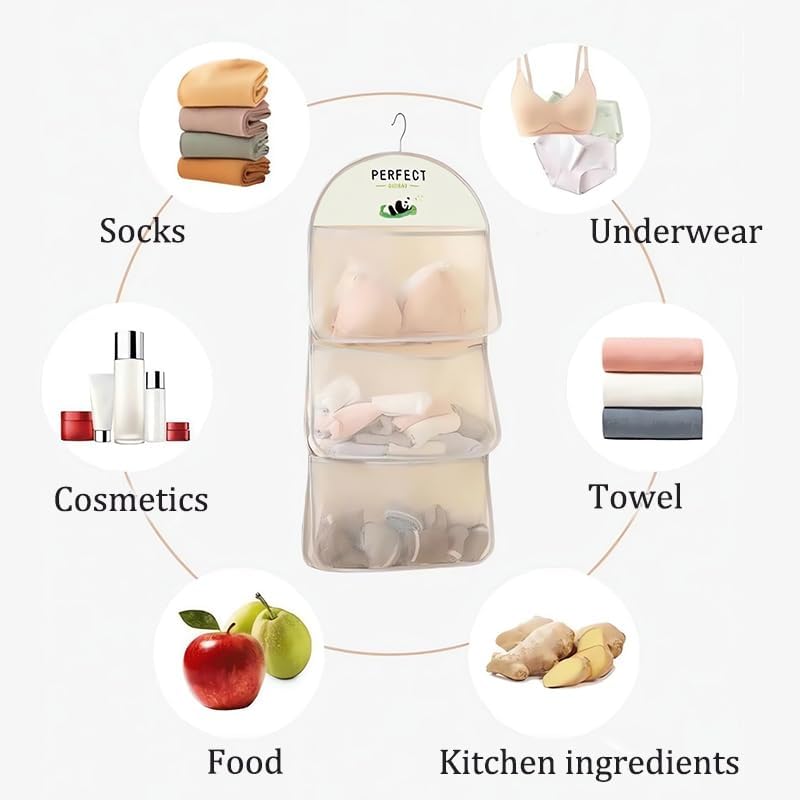 MIUPOO Multi Purpose Multi Layer Mesh Storage Hanging Bag,Hanging Storage with Metal Hanger Mesh Pockets for Bra Underwear Socks,Pockets Hang Store Bag for Door Wall Closet