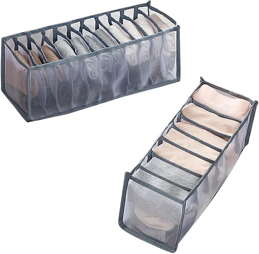 2 Pcs 11 Grids 7 Grids Underwear Drawer Organisers Sock Drawer Organizer Divider Underwear Storage Boxes Foldable Closet Dresser Drawer Organizer for Storing Socks White