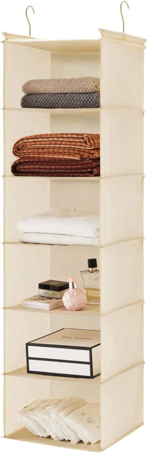 MAX Houser 6 Tier Shelf Hanging Closet Organizer with 2 Hooks, Beige