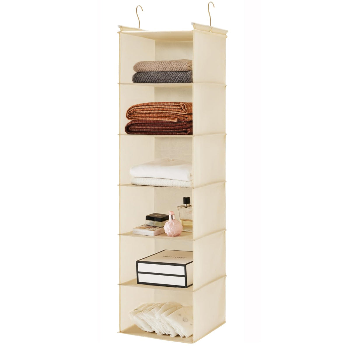 MAX Houser 6 Tier Shelf Hanging Closet Organizer with 2 Hooks, Beige