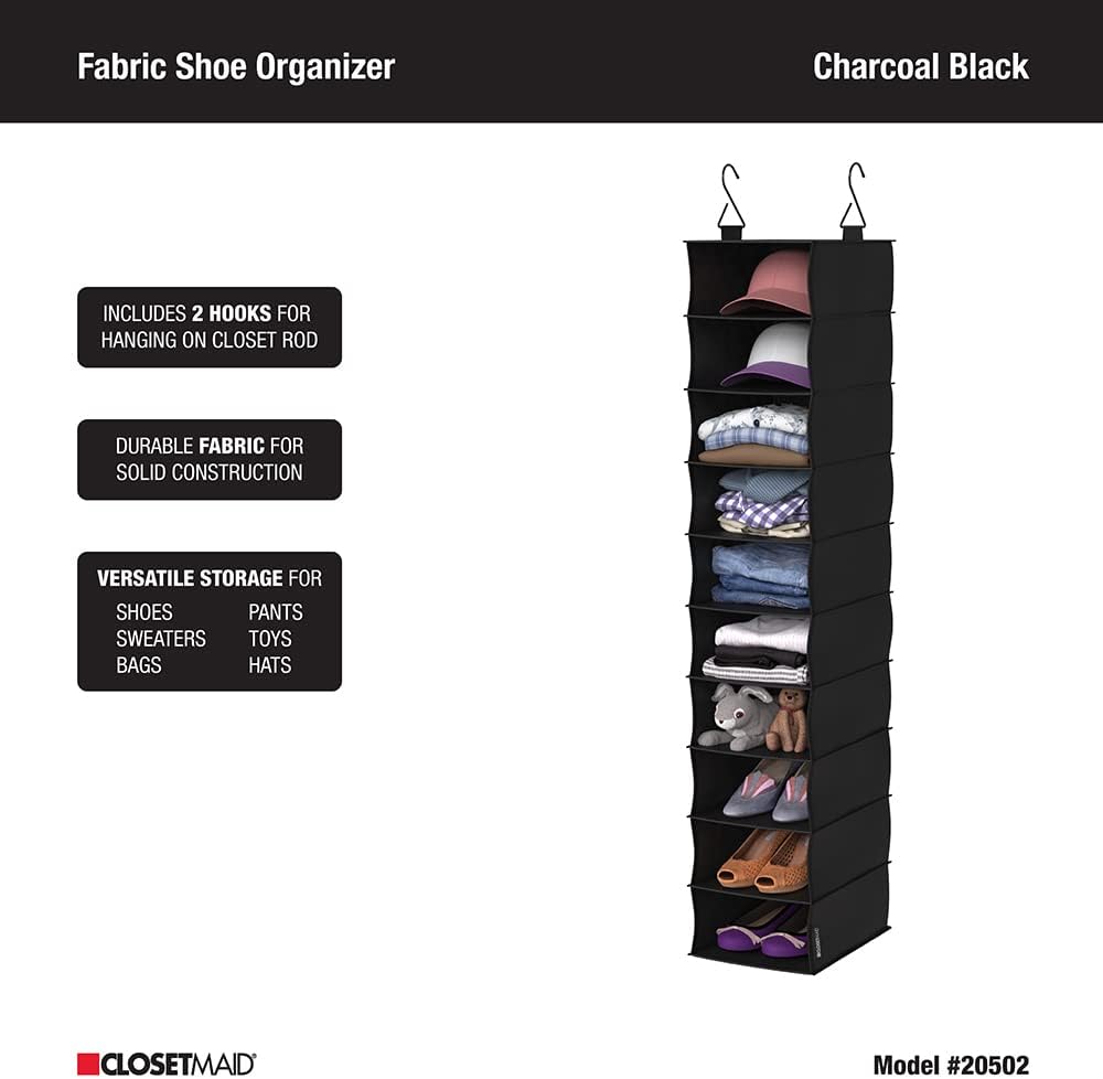 ClosetMaid 10-Shelf Fabric Hanging Shoe Storage Organizer for Closet, Charcoal Black