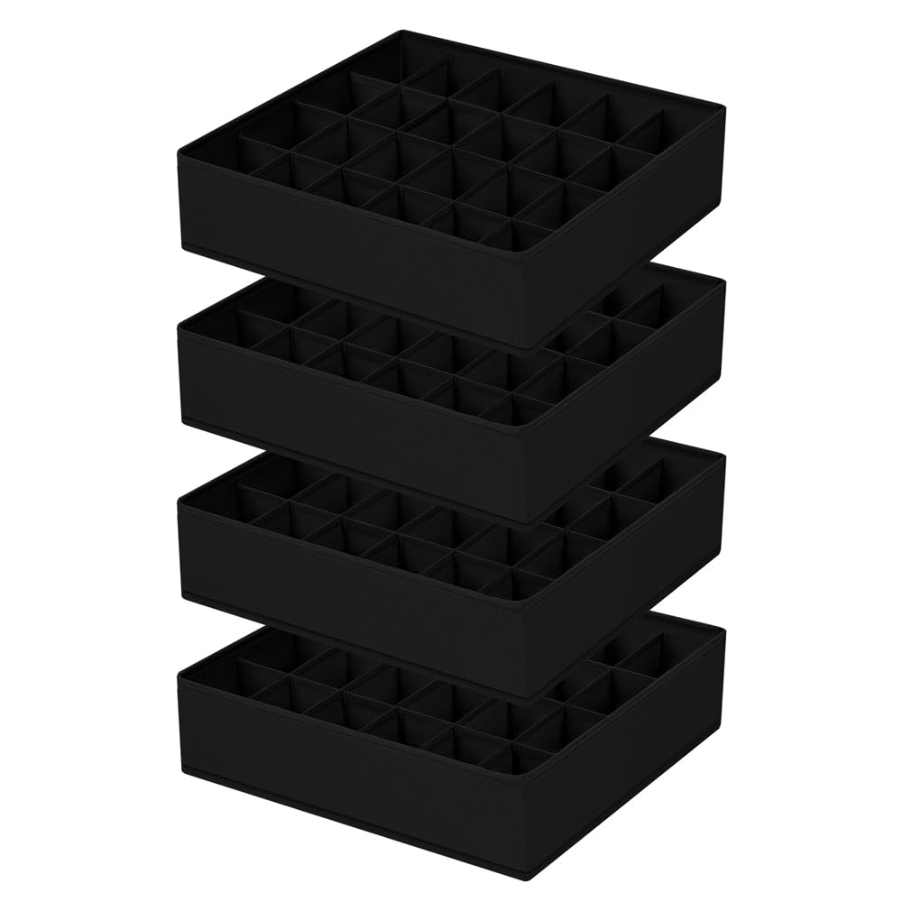 Sock Organizer 4 Pack, 24 Cell Underwear Organizer Foldable Underwear Storage, Sock and Underwear Drawer Organizer for Socks Ties Underwear Belts. (Grey)