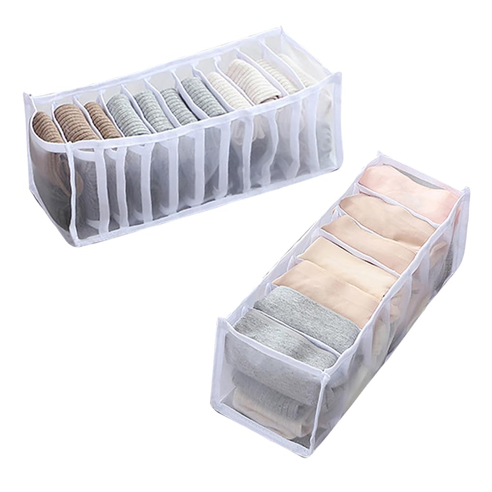 2 Pcs 11 Grids 7 Grids Underwear Drawer Organisers Sock Drawer Organizer Divider Underwear Storage Boxes Foldable Closet Dresser Drawer Organizer for Storing Socks White