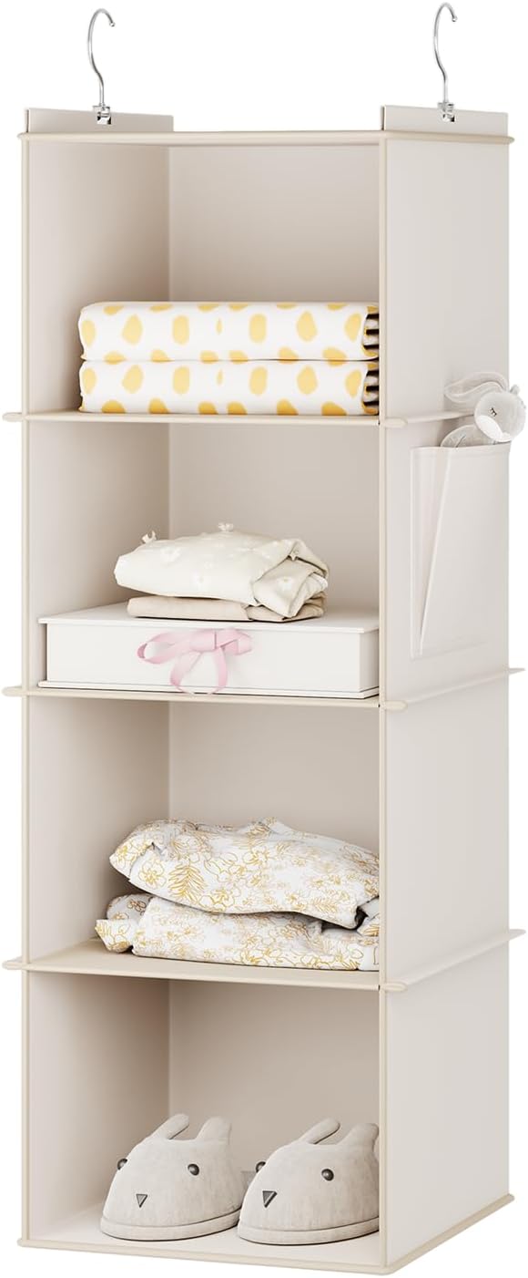 YOUDENOVA Hanging Closet Organizer and Storage for Clothes, 4-Shelf, Beige