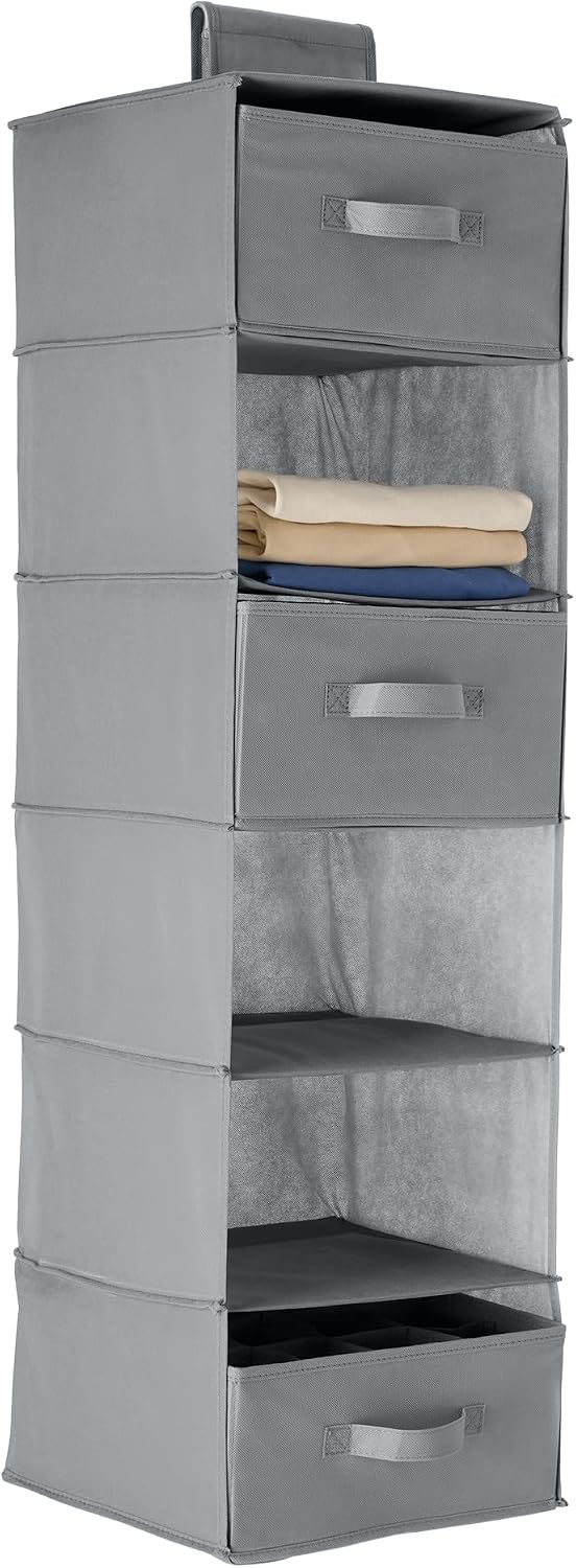 Amazon Basics 6-Tier Hanging Closet Shelf Organizer with Pockets, Clothes Storage for Sweaters and Clothing, 12" W x 9" L x 8.5" H, Grey