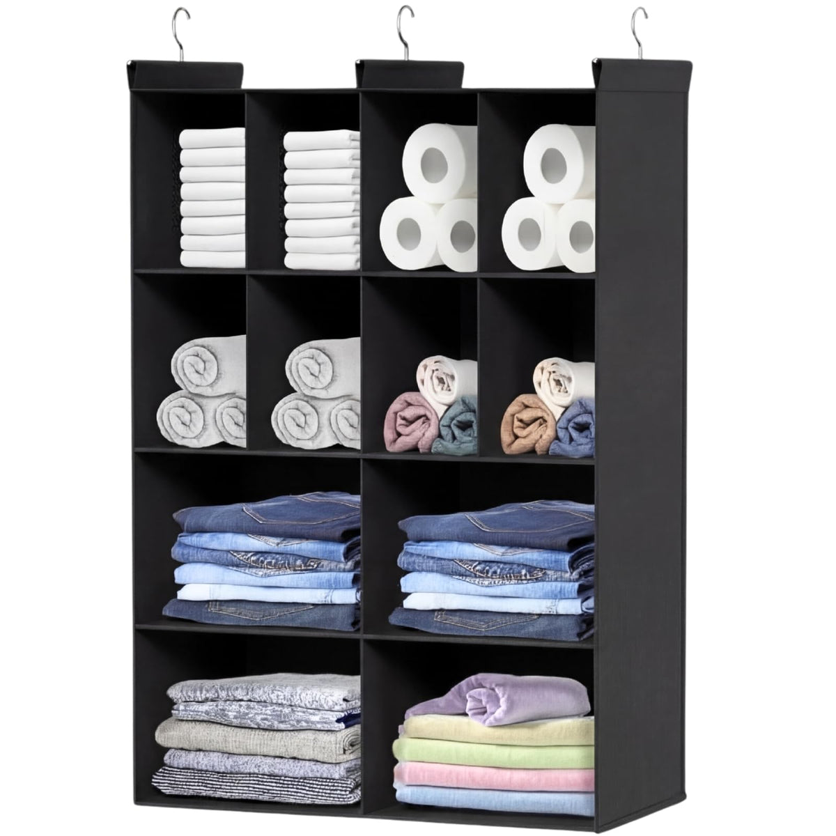 6 Tier Hanging Closet Organizer, 16 Compartments Dual Row Storage, Grey