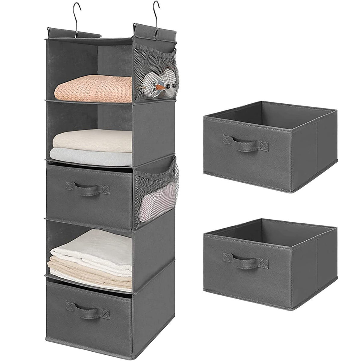 MAX Houser 5 Tier Shelf Hanging Closet Organizer, Cloth Hanging Shelf with 2 Sturdy Hooks for Storage, Foldable (Beige-D2)