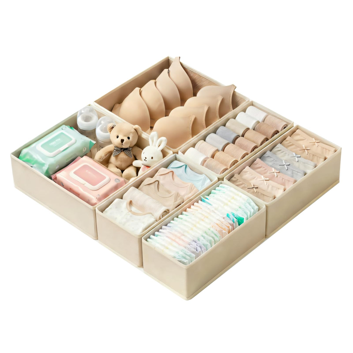 Drawer Organizer Set 4 Pack - Foldable 11" Fabric Storage Bins with Zipper Bottom for Underwear Socks Bras Baby Clothes - Closet Dresser Dividers for Bedroom Nursery, Khaki