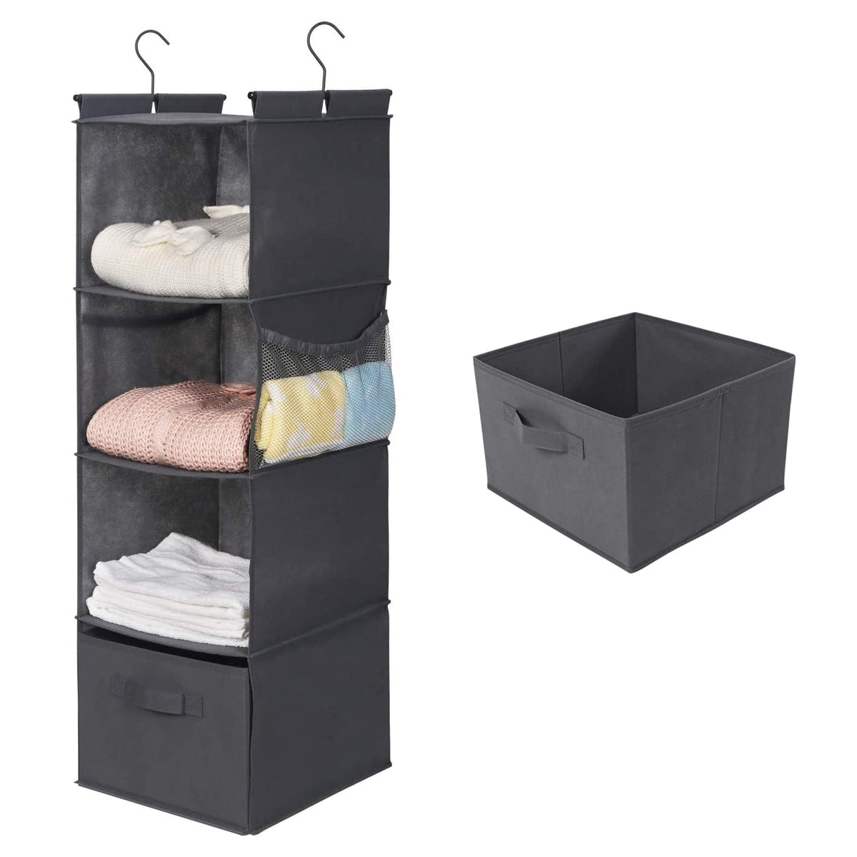 MAX Houser 5 Tier Shelf Hanging Closet Organizer, Cloth Hanging Shelf with 2 Sturdy Hooks for Storage, Foldable (Beige-D2)