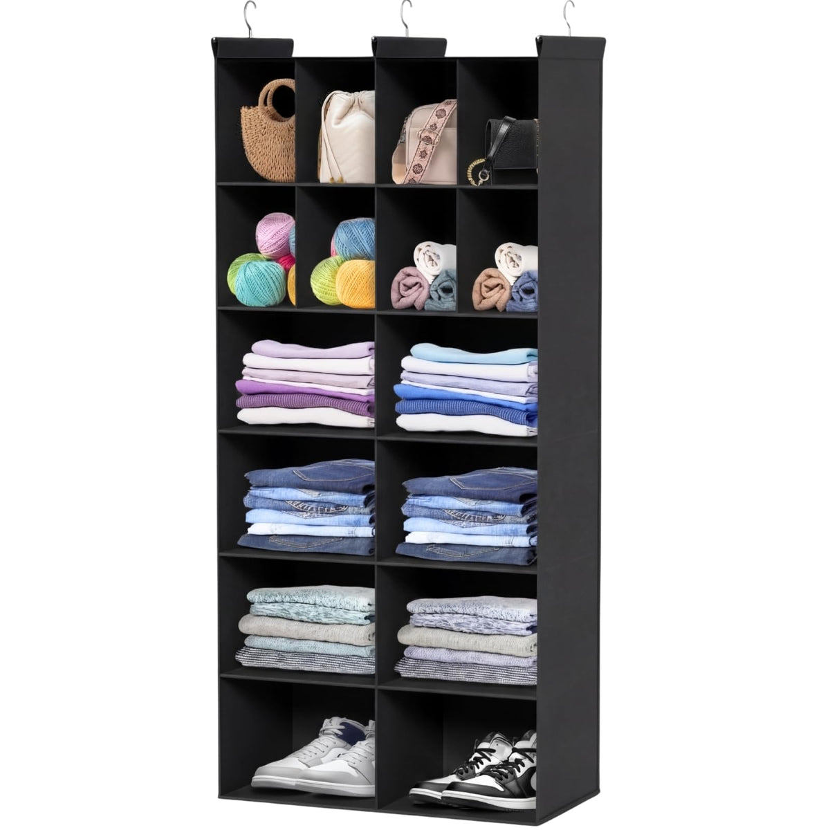 6 Tier Hanging Closet Organizer, 16 Compartments Dual Row Storage, Grey