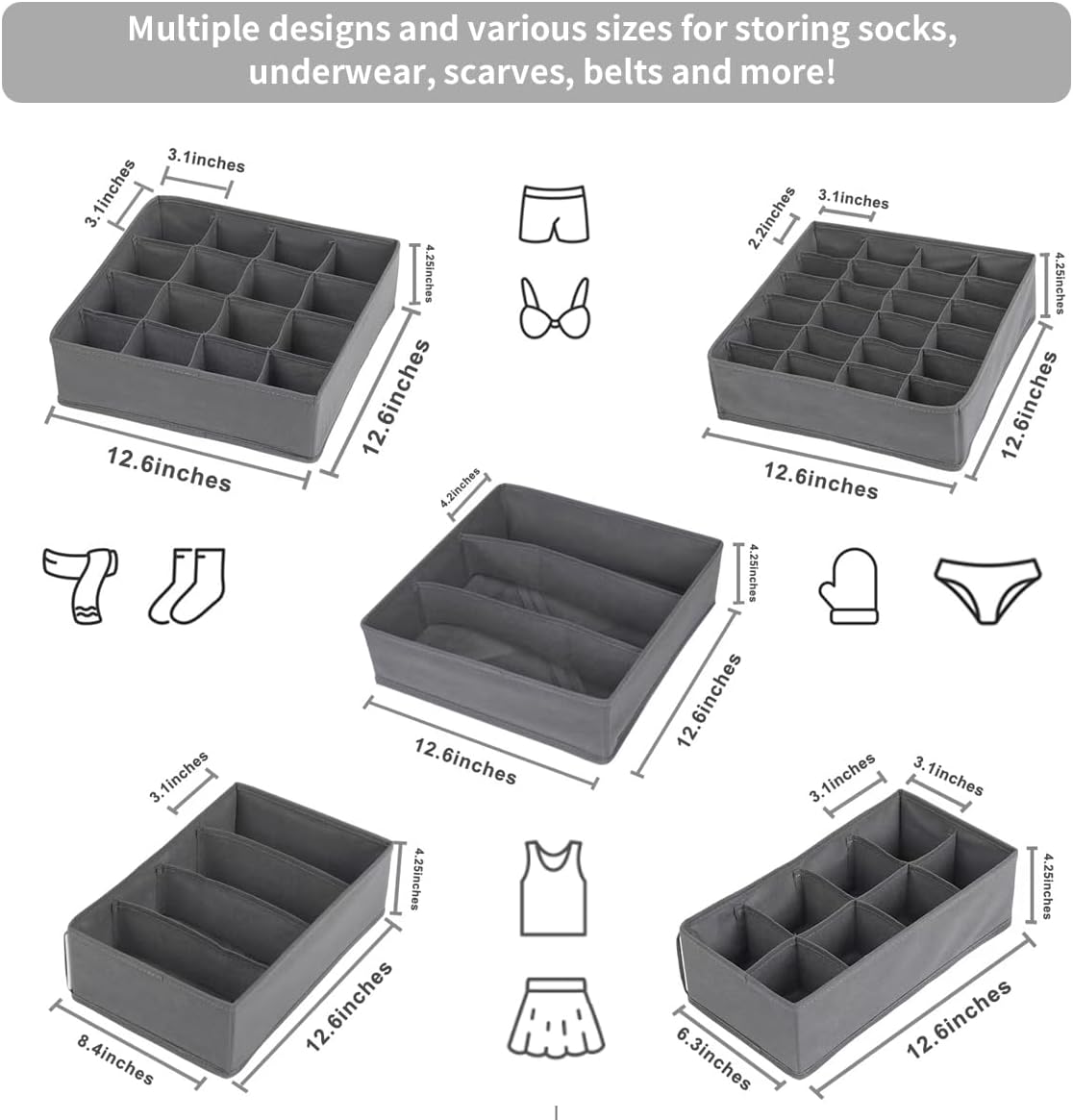 Lourome Underwear Drawer Organizer, 5-Pack, for Socks, Bras, Tie, Grey