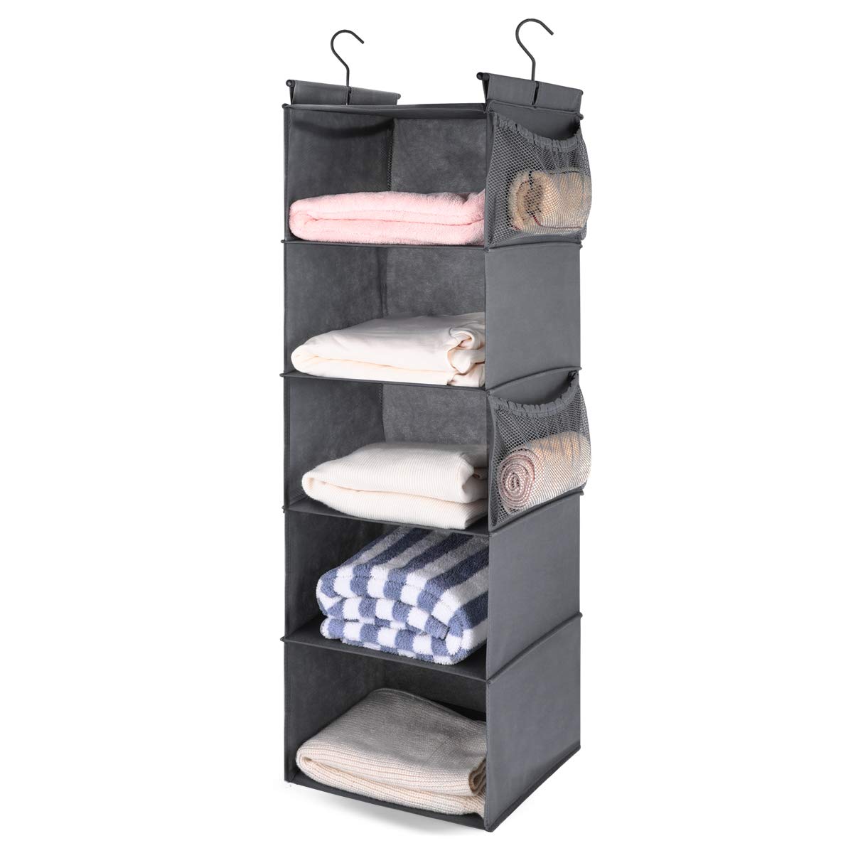 MAX Houser 5 Tier Shelf Hanging Closet Organizer, Cloth Hanging Shelf with 2 Sturdy Hooks for Storage, Foldable (Beige-D2)