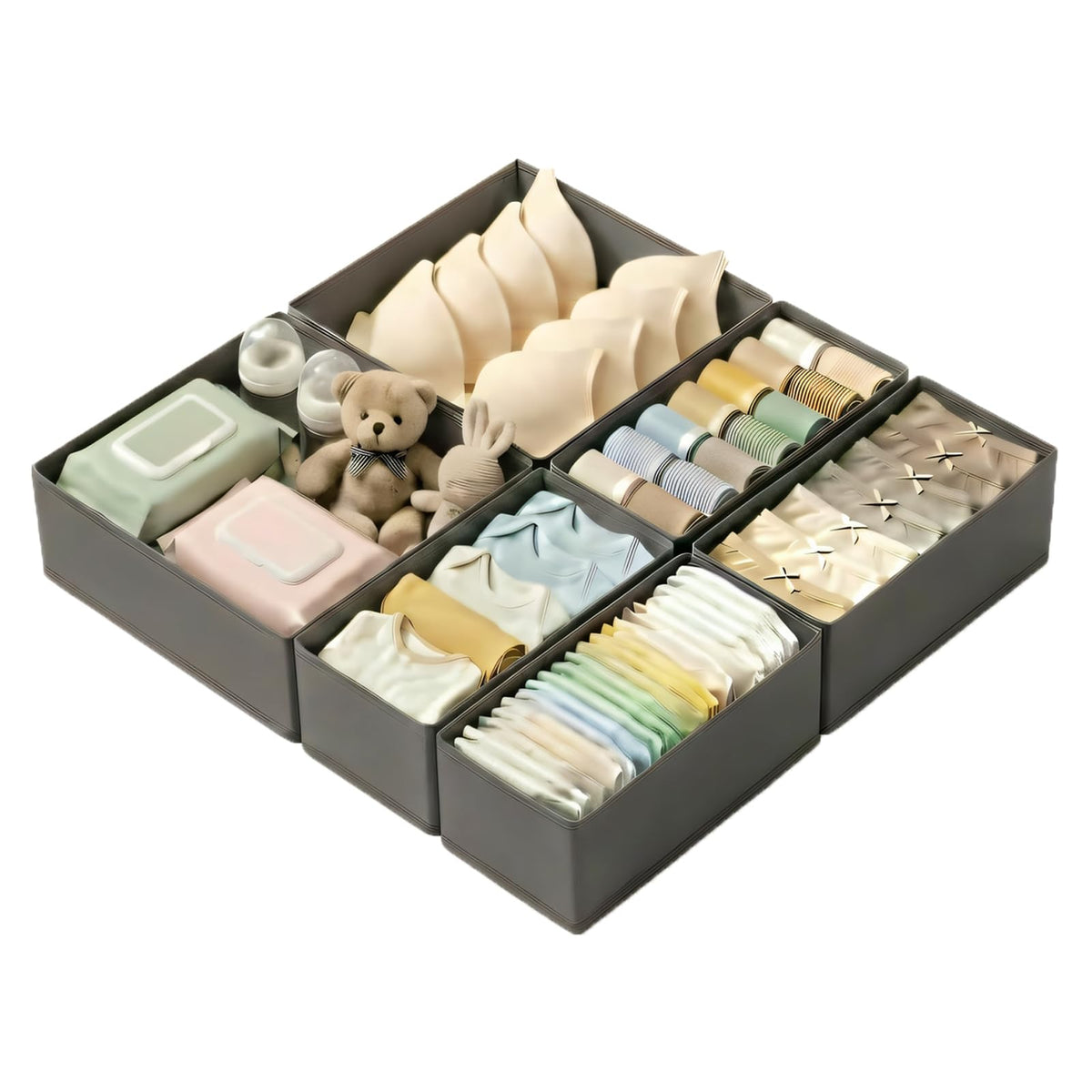 Drawer Organizer Set 4 Pack - Foldable 11" Fabric Storage Bins with Zipper Bottom for Underwear Socks Bras Baby Clothes - Closet Dresser Dividers for Bedroom Nursery, Khaki