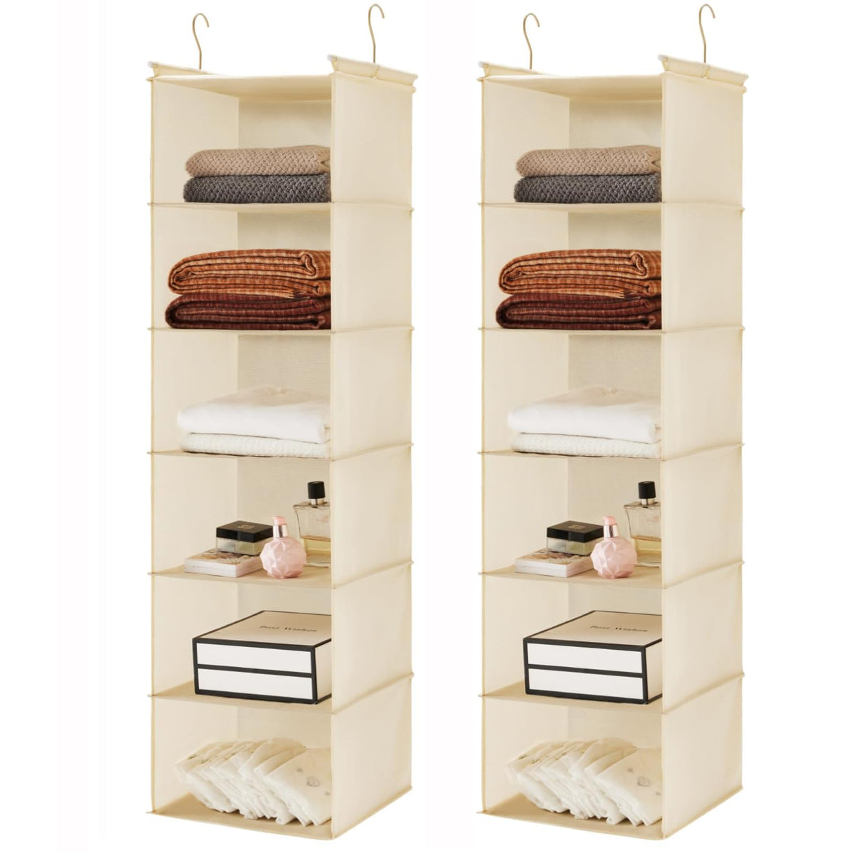 MAX Houser 6 Tier Shelf Hanging Closet Organizer with 2 Hooks, Beige